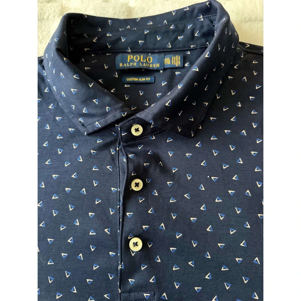Polo Ralph Lauren Mens XXL Custom Slim Fit Navy Blue Geometric Polo Shirt - EUC